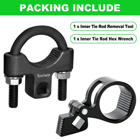 Front view of Toolwiz inner tie rod removal tool kit; black metal 2-piece set with U-shaped remover and hex wrench