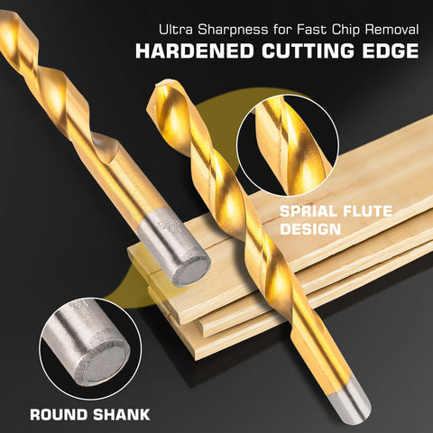 230-Piece Titanium Twist Drill Bit Set For Metal And Wood, showing hardened cutting edge and spiral flute design.