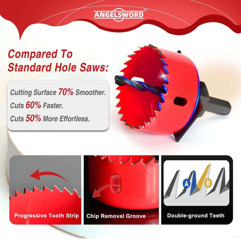 ANGELSWORD 24‑pc hole saw set; red hole saw with double‑ground teeth and hex shank