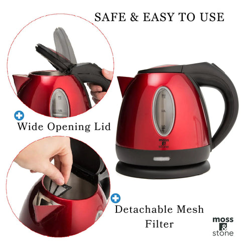 Red One Point Two Liter Cordless Electric Kettle 1500 Watt Fast Boil Stainless Steel with detachable filter and wide opening lid