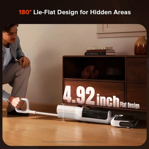 All In One Cordless Vacuum Mop For Hard Floors With 20000Pa Suction Wet Dry Cleaning Edge To Edge Self Cleaning Electric Mop With 180 Degree Lie Flat Perfect For Tile Hardwood Vinyl Laminate Floors showing lie-flat design.
