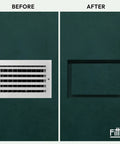 Before and after image of Drywall Pro Flush Wall Vent Cover 4x12 Inch for AC and Heat HVAC No Brainer Mud-In Install on wall.