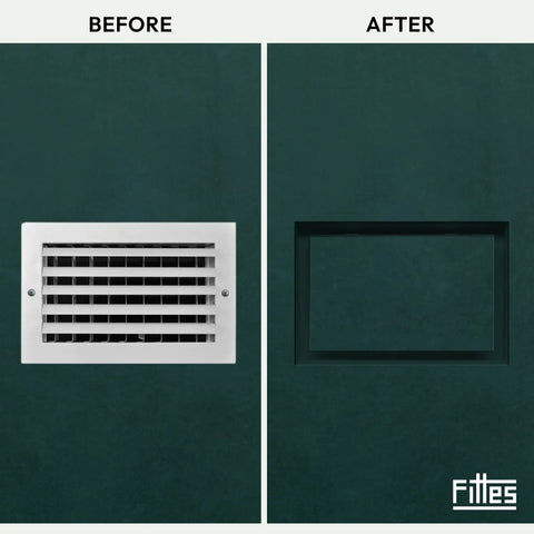 Before and after image of Drywall Pro Flush Wall Vent Cover 4x12 Inch for AC and Heat HVAC No Brainer Mud-In Install on wall.