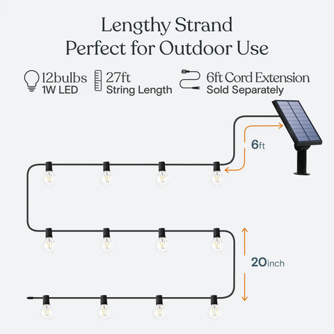 Diagram of Solar Powered LED Outdoor String Lights 27 Ft Warm White Edison Bulbs with 6ft solar panel cord extension.