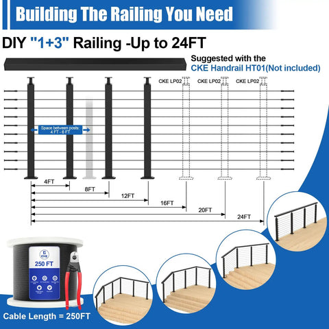Level Up Your Home Game With This Solid 15 To 20 Ft Cable Railing Post Kit Including Four Adjustable Top Drilled Posts A full layout diagram showing cable railing options up to 24FT with details on spacing and assembly.