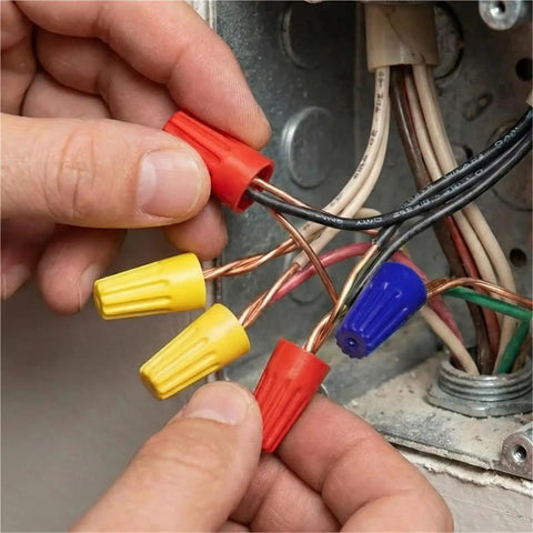 Huge 500PCS Wire Connector Kit With P1 Through P6 Twist Terminal Caps For Solid And Stranded Copper Wiring That Really Locks Things Down Tight And Keeps Your Electrical Gigs Safe From Shorts Or Accidental Shocks. twist wire caps on copper wires in an electrical box