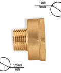 Brass pipe fitting adapter, side view, 1/2 in male to 1 in female NPT threads