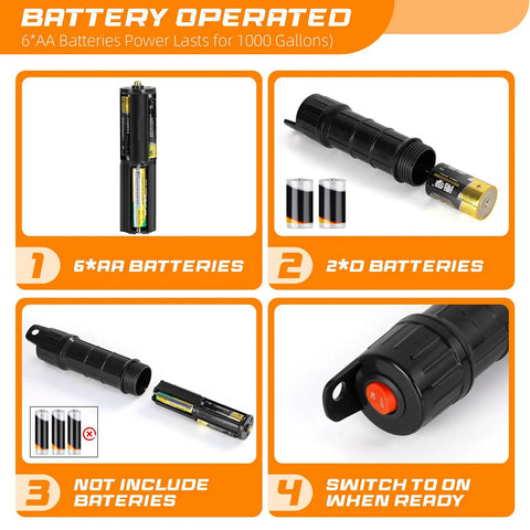 Battery operated fuel transfer pump with 6 AA batteries and on/off switch, showcasing easy setup for No Sweat Portable Cordless Fuel Transfer Pump Battery Operated Gas Siphon Tool For Roadside Emergencies And Outdoor Adventures Lightweight Compact Design.