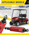 Heavy Duty Coil Spring Shock Absorbers For Ezgo Txt And Medalist Golf Carts 1994 Onward with a red shock and golf cart.
