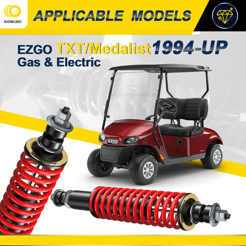 Heavy Duty Coil Spring Shock Absorbers For Ezgo Txt And Medalist Golf Carts 1994 Onward with a red shock and golf cart.