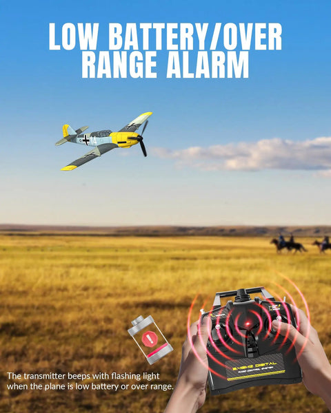RC Plane BF109 Fighter 4 Channel RC Aircraft With Aileron And Gyro Stabilizer flying over field with remote control alarm notification