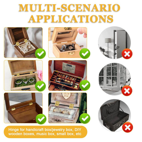 ZIUZI 60Pcs Mini Hinges used in various applications including jewelry boxes and closet doors, showing versatility and usage scenarios.