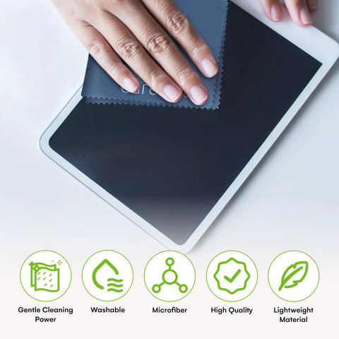 Care Touch navy blue microfiber cleaning cloth, close-up view, 6 x 7 in, 6-pack for cleaning glasses and device screens.