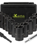 Lug Nut Extractor Set 13 Piece Wheel Lock Removal Kit for Removing Damaged Frozen Rusted Nuts and Screws shown with case