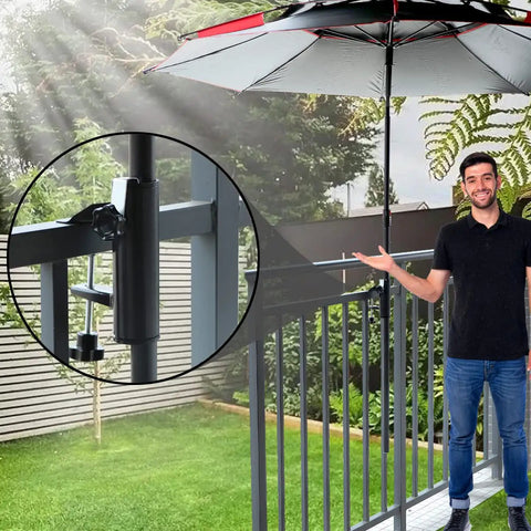 Clamp On Patio Umbrella Holder Clip For Rails No Hassle Adjustable Clamp For Poles Up To One And A Half Inches Fits Balcony Deck Beach Courtyard Outdoor Spaces Black on balcony rail with man standing