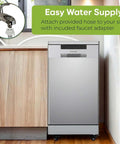 No Sweat Portable Dishwasher In Brushed Platinum Steel Compact Countertop Appliance with easy water supply connection to sink.