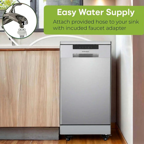 No Sweat Portable Dishwasher In Brushed Platinum Steel Compact Countertop Appliance with easy water supply connection to sink.