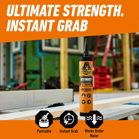 Ultimate Heavy Duty Construction Adhesive 9 Oz Cartridge White 100 Percent Waterproof Instant Grab Paintable Indoor And Outdoor Use For Demanding Repairs, cartridge on workbench