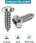 Close-up of Stainless Steel License Plate Screws Kit With M6x20mm Hardware, featuring two self tapping screws, anti-rust icons