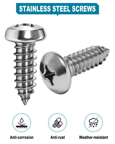 Close-up of Stainless Steel License Plate Screws Kit With M6x20mm Hardware, featuring two self tapping screws, anti-rust icons