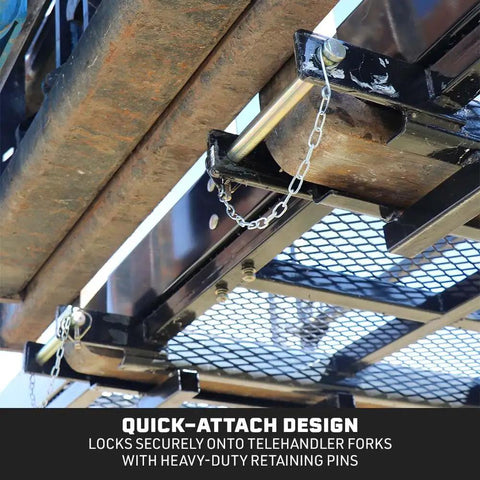Rock Solid Four By Six Foot Mesh Telehandler Work Platform with Heavy Duty Safety Cage's quick-attach mechanism on forks.