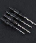 Adjustable Countersink Drill Bit Set for Woodworking - Four Piece Kit With Sizes 6 8 10 12 on black surface