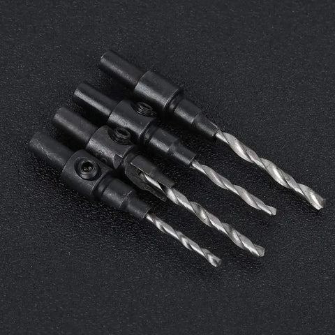 Adjustable Countersink Drill Bit Set for Woodworking - Four Piece Kit With Sizes 6 8 10 12 on black surface