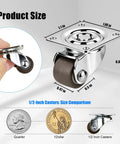 Image showing Tiny Half Inch Caster Wheels Set With 360 Degree Swivel Low Profile Plate Casters size comparison with coins.