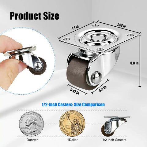 Image showing Tiny Half Inch Caster Wheels Set With 360 Degree Swivel Low Profile Plate Casters size comparison with coins.