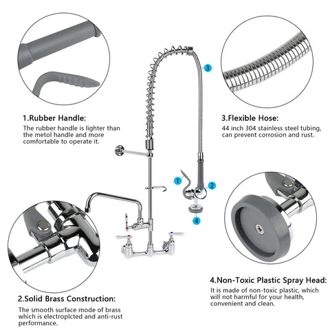 Pro Grade Commercial Sink Sprayer Kit With 45 Inch Flexible Stainless Steel Hose, Pre Rinse Dish Spray Valve Replacement, features highlighted