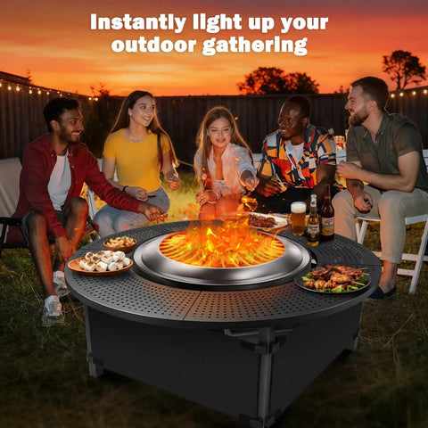 Group around 47.8 Inch Fire Pit Surround Tabletop Snaps Right On For Solo Stove Bonfire Ranger Yukon 2.0 with flames.