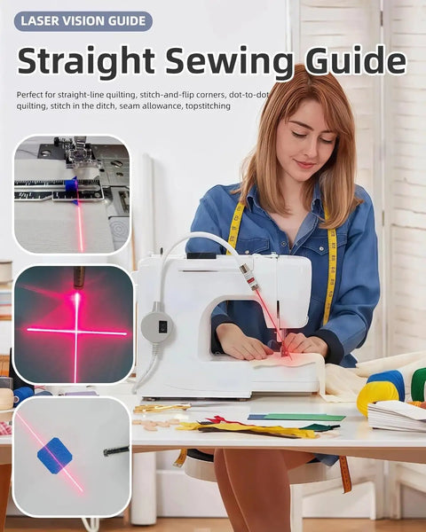 Woman using Magnetic Sewing Machine Alignment Light For Quilting And Straight Stitching Hands Free Positioning Tool.