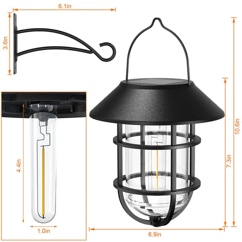 All Weather Metal Solar Lantern Lights With Easy Install Hooks For Outdoor Use with dimensions and close-up of LED bulb