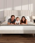 Super Soft King Velvet Bed Frame With Channel Tufted Headboard In Classic Beige, family enjoying comfort on the bed.