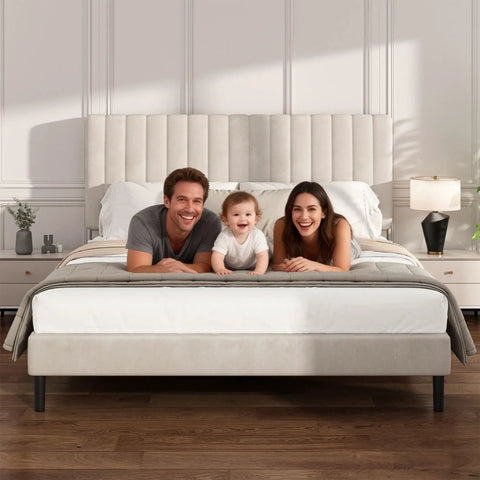 Super Soft King Velvet Bed Frame With Channel Tufted Headboard In Classic Beige, family enjoying comfort on the bed.