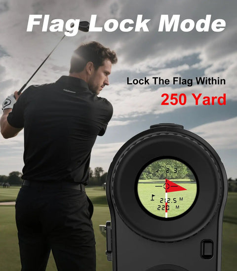 Golfer using Go To Golf Rangefinder With Slope Compensation 1000 Yard Range 6x Magnification Flag Lock Vibration Rechargeable Laser Range Finder