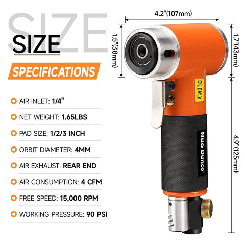 Beast Mini Random Orbital Air Sander Kit 1 2 3 Inch shown with specifications and size dimensions