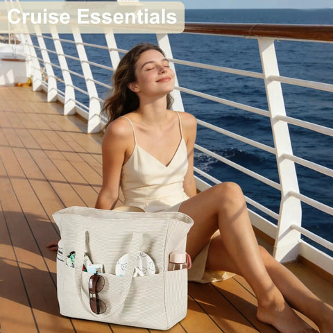 Large 36L Waterproof Beach Tote Bag For Women With Zipper Wet Pocket Sandproof, khaki white stripes on cruise deck