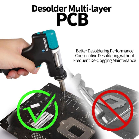 High Power 110W Desoldering Station With ESD Safe Build being used on a multilayer PCB with comparison diagram.