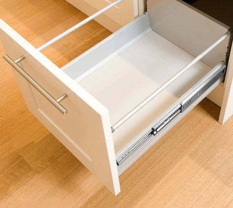 Open drawer showing Heavy Duty 30 Inch Drawer Slides With Full Extension Ball Bearing Stainless Steel Side Mount Or Undermount 260 Lb Capacity Screws Included Quiet Smooth Operation