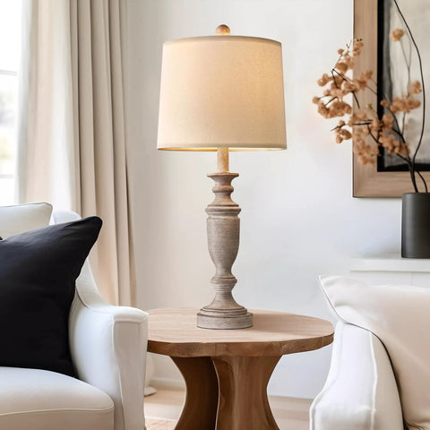 Two Piece 24 Inch Rustic Resin Table Lamp Set With Linen Shade for living room on wooden end table