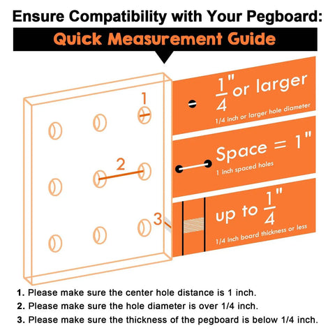 Diagram showing pegboard compatibility with measurements for the Two Pack Solid Wood Pegboard Shelf Set With No Tilt Balance Twelve By Four Inch Shelves Fit One Quarter Inch Pegboards For Display Craft Garage Workbench And Office Organization Holds Up To Fifteen Pounds.