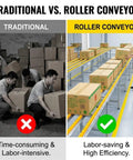 Heavy Duty Gravity Roller Conveyor showcasing premium stainless steel unloading chute for warehouse box transfer.
