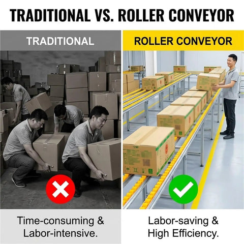 Heavy Duty Gravity Roller Conveyor showcasing premium stainless steel unloading chute for warehouse box transfer.