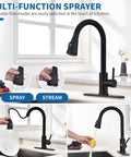 HOMELODY LED Temperature Display Black Kitchen Faucet with Pull Down Sprayer showing multi-function sprayer options in matte black.