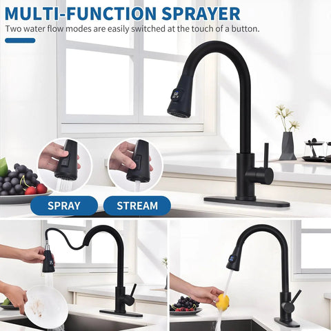 HOMELODY LED Temperature Display Black Kitchen Faucet with Pull Down Sprayer showing multi-function sprayer options in matte black.