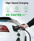User charging electric vehicle with Level 2 EV Charger 50 Amp J1772 Hardwired With WiFi App Weatherproof Indoor Outdoor EVSE Charging Station.