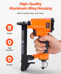 Pro Grade Pneumatic Staple Gun For Woodworking And Upholstering Projects Featuring Slick Firing 22 Gauge Design With Heavy Duty 71 Series Fine Wire Staples And No Sweat Setup, held in hand, aluminum alloy housing.