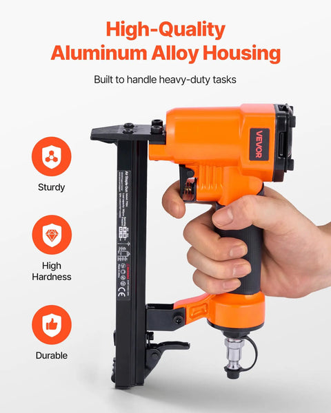 Pro Grade Pneumatic Staple Gun For Woodworking And Upholstering Projects Featuring Slick Firing 22 Gauge Design With Heavy Duty 71 Series Fine Wire Staples And No Sweat Setup, held in hand, aluminum alloy housing.