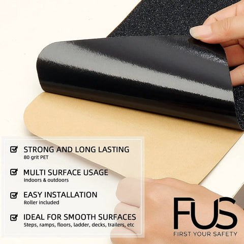 No Slip Stair Treads With 80 Grit PET Non Skid Tape being peeled, showing textured grip surface for indoor outdoor steps and staircases